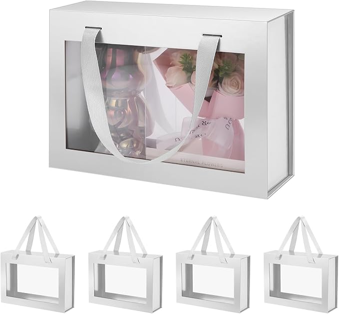 5 Silver Gift Boxes with Windows, Gift Boxes with Lids and Handles, Clear Magnetic Gift Boxes for Presents, Bridesmaid Proposal Boxes (10.5x7.5x3 Inches