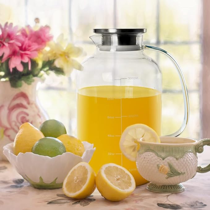 Glass Pitcher with Lid, GOTEBLE 102oz Glass Pitcher with Silicone Case and Brush, Large Capacity Glass Water Tea Pitcher for Juice, Milk, Cold Or Hot Beverages, Large Family and Party