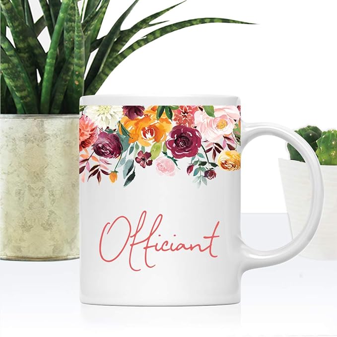 Andaz Press 11oz. Wedding Ceramic Coffee Tea Mug Gift, Fall Autumn Burgundy Orange Peach Flowers Roses Florals, Officiant, 1-Pack, Includes Gift Box