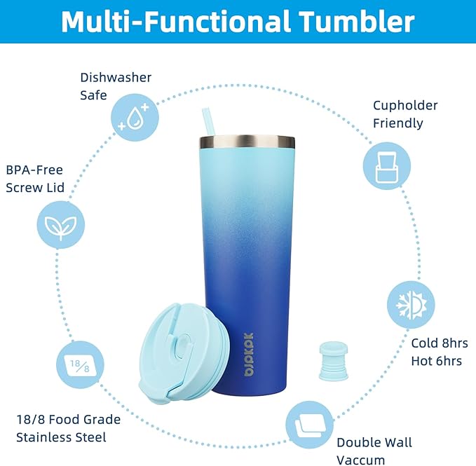 BJPKPK 30oz Insulated Tumbler With lid And Straw Stainless Steel Tumblers Travel Coffee Mug Reusable Thermal Cup,Sky