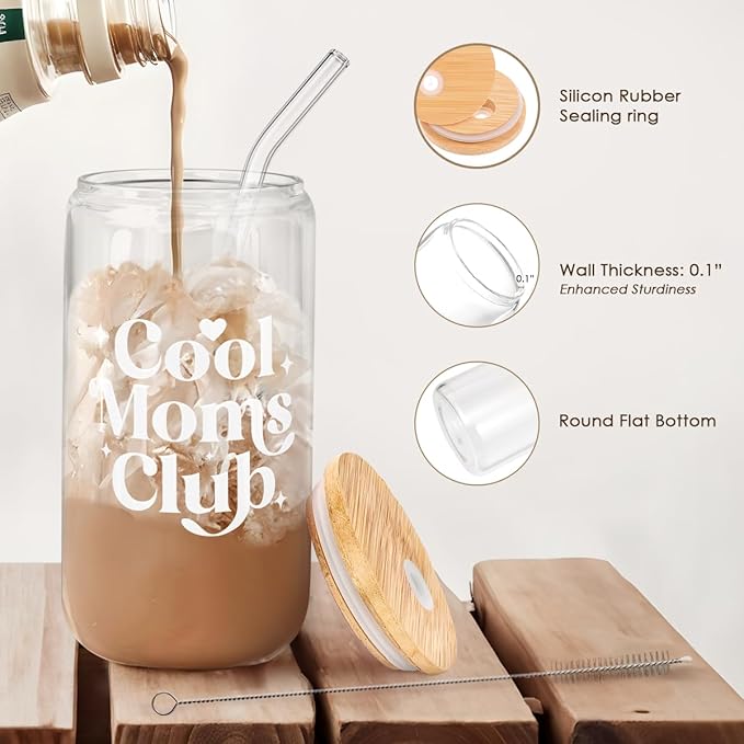 SANDJEST Mom Glass Can, Cool Mom Club Cup with Lid & Straw, Iced Coffee Aesthetic Cups, Idea Gift for Christmas Birthday Mother Day, Gifts for Women, 16oz