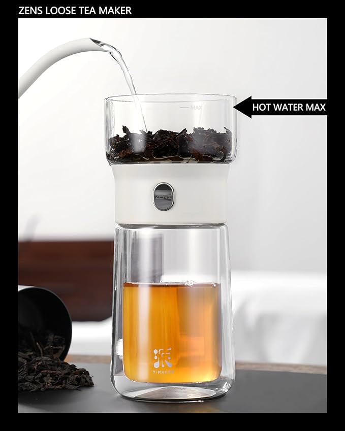 ZENS Modern Tea Pot, Glass Teapot with Infusers for Loose Tea Diffusers with One Touch Pouring, Cool Portable Tea Maker with Insulated Tea Mug and Travel Tea Kits for Tea Lover Gifts