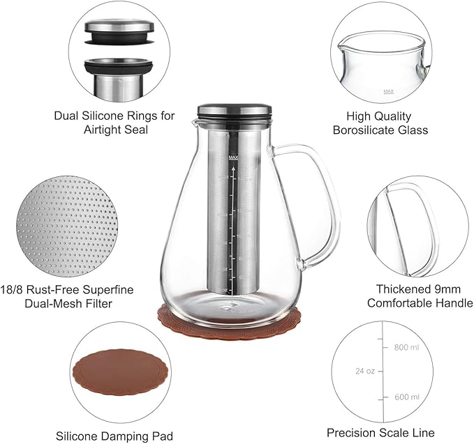 Cold Brew Iced Coffee Maker 51oz, Brewed Coffee Pot with Removable Double Mesh 304 Stainless Steel Filter, BPA-Free Cold Brew Pitcher Glass Container, Tea Maker