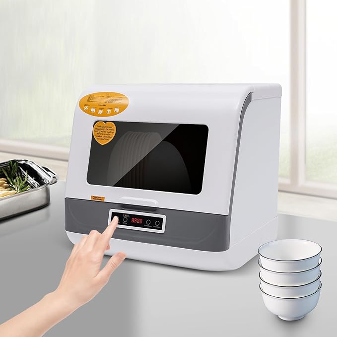 800W Portable Countertop Dishwasher, 110V Automatic Mini Dishwasher Machine with 3 Washing Programs, 360° Rotating Spray Air Drying Function for House Dorm Apartment RV
