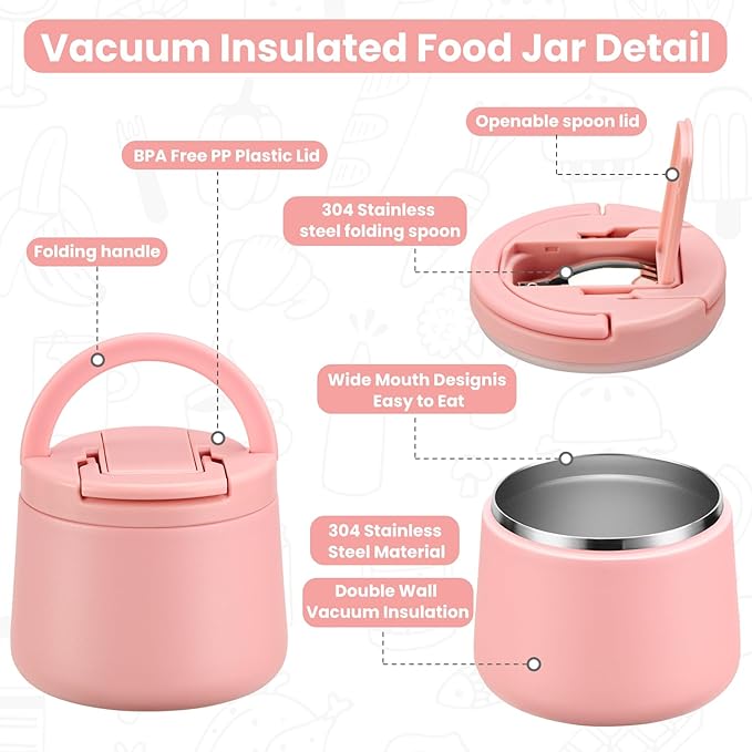 14oz Insulated Vacuum Food Jar with Buckle Lid,Soup Thermo for Hot Food Kids,Wide Mouth Leakproof Stainless Steel Lunch Container with Spoon-Pink