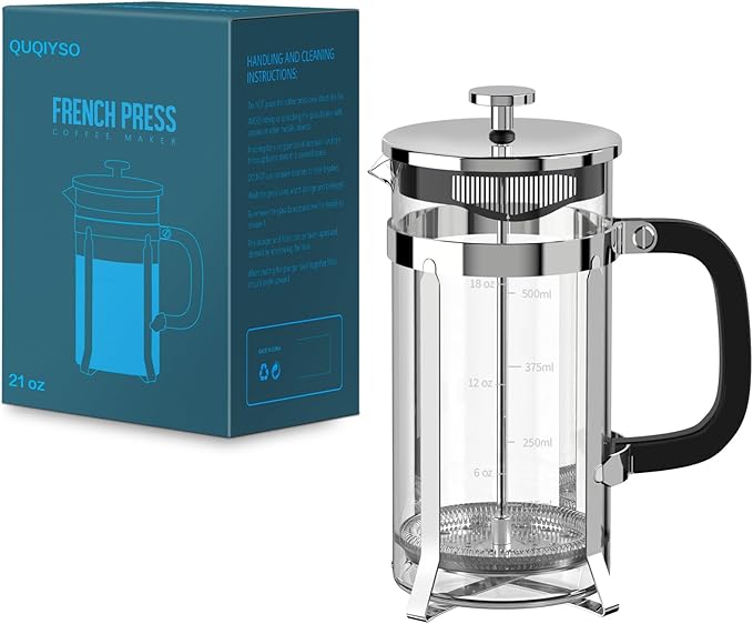 QUQIYSO French Press Coffee Maker 304 Stainless Steel French Press with 4 Filter, Heat Resistant Durable, Easy to Clean, Borosilicate Glass Coffee Press, 100% BPA Free Glass Teapot, 21 ounce, Silver