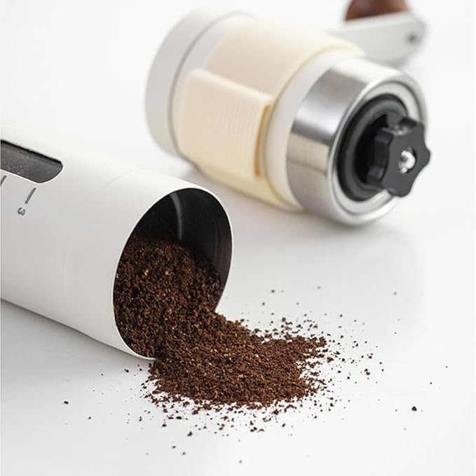 Mini Manual Coffee Bean Grinder for Travel Camping, Hand Held Espresso Burr Ceramic Coarseness White 304 Stainless Steel Small Mill Kit for Home Use with Portable Storage Pouch Brush Spoon