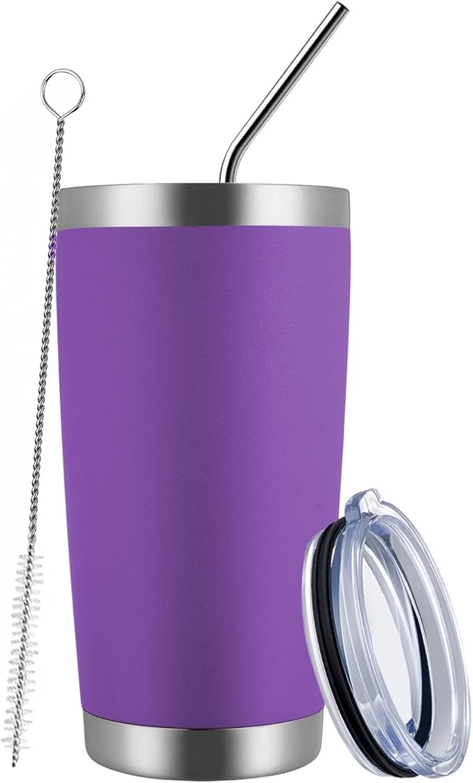 MEWAY 20oz Tumbler Cup Double Wall Vacuum Insulated Travel Mug Bulk, Stainless Steel Tumblers with Lid and Straw, Durable Powder Coated Coffee Cups for Cold & Hot Drinks (Purple, 1)