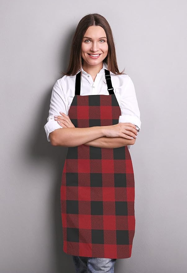 Black and Red Buffalo Plaids Bib Apron with Adjustable Neck for Men Women,Suitable for Home Kitchen Cooking Waitress Chef Grill Bistro Baking Apron
