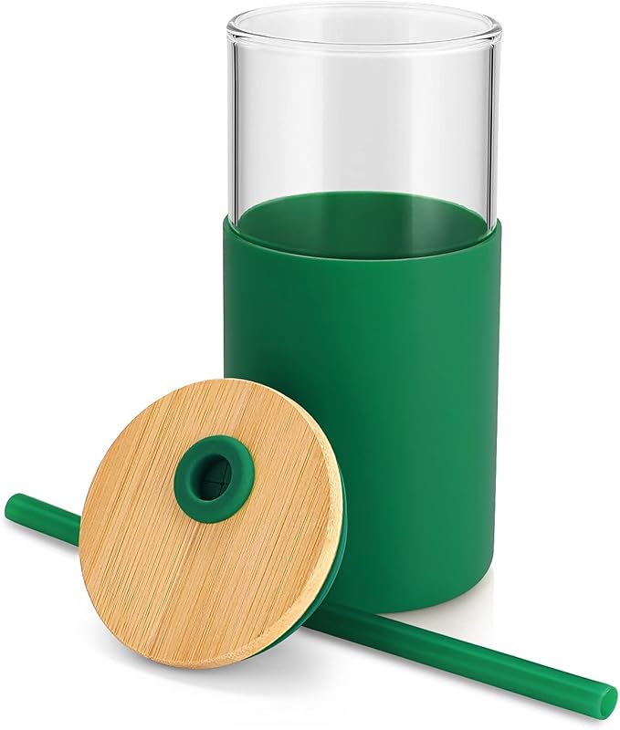 Tronco 16 oz Glass Tumbler with Straw and Bamboo Lid, Iced Coffee Cup Reusable, Smoothie Cups, Tumbler with Silicone Protective Sleeve - BPA Free