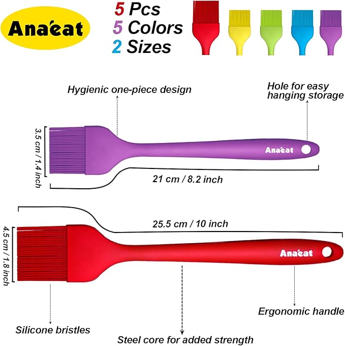 Anaeat High Heat Resistant Silicone Basting Pastry Brush Set of 5- Hygienic One-Pieces Design Spread Oil Butter for BBQ Grill Barbecue Baking Kitchen Cooking - BPA Free & Dishwasher Safe (10"+8.2")