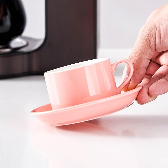 4oz Porcelain Stackable Espresso Cups with Saucers and Metal Stand Set of 4, Stackable Cappuccino Cups, Pink Expresso Shots Cup Set for Coffee Drinks, Latte, Americano, Tea