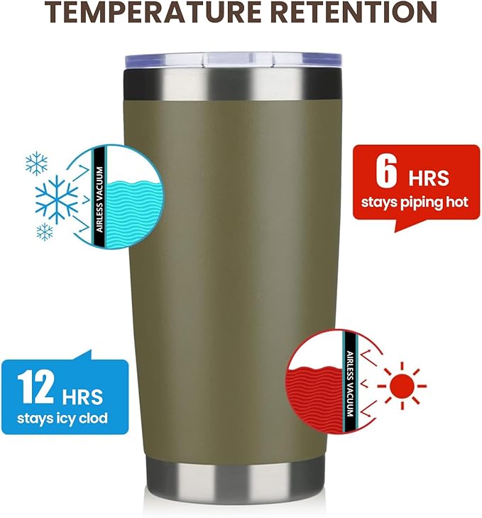 MEWAY 20oz Tumbler 12 Pack Double Wall Vacuum Insulated Travel Mug Bulk, Stainless Steel Tumblers with Lid and Straw, Durable Powder Coated Coffee Cups for Cold & Hot Drinks (Army Green, 12)