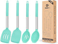 Pack of 4 Silicone Cooking Utensils Set, Non Stick Large Solid Spatulas, Heat Resistant Blue Slotted Spoons, Ideal BPA Free Kitchen Turners for Frying, Mixing,Serving,Draining,Turning,Stirring