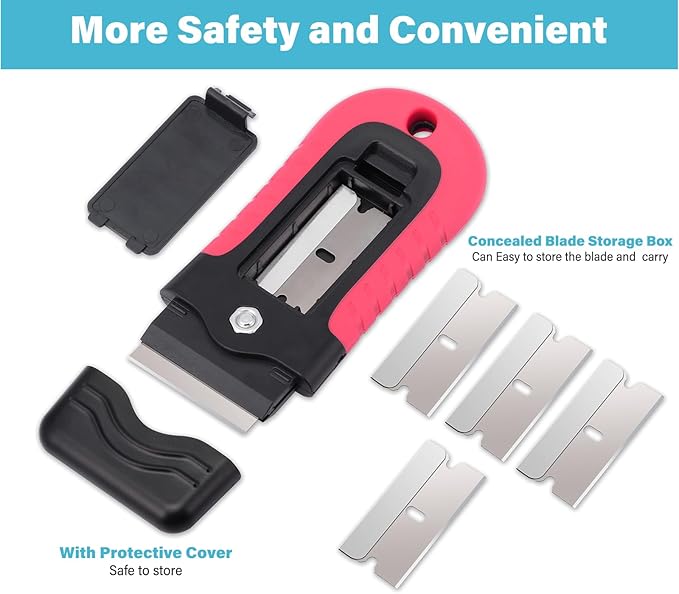 Gomake Razor Blade Scraper Tool with Blade Storage Container, Glass Cooktop Stove Scraper with 10PCS Stainless Steel Blades for Glass Clean,Paint,Old Label,Decal Sticker,Adhesive Remover-Pink