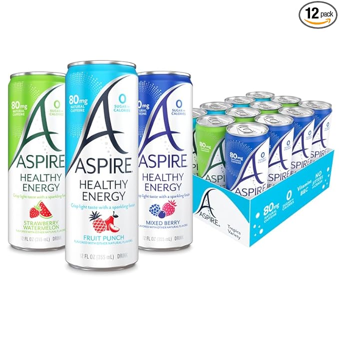 ASPIRE® The Fan Favorite Variety Pack, Healthy Energy Drink 80mg Natural Caffeine, Zero Sugar No Carbs Keto Friendly, 12 Pack Green Tea Sugar Free Drink Low Caffeine Zero Calorie