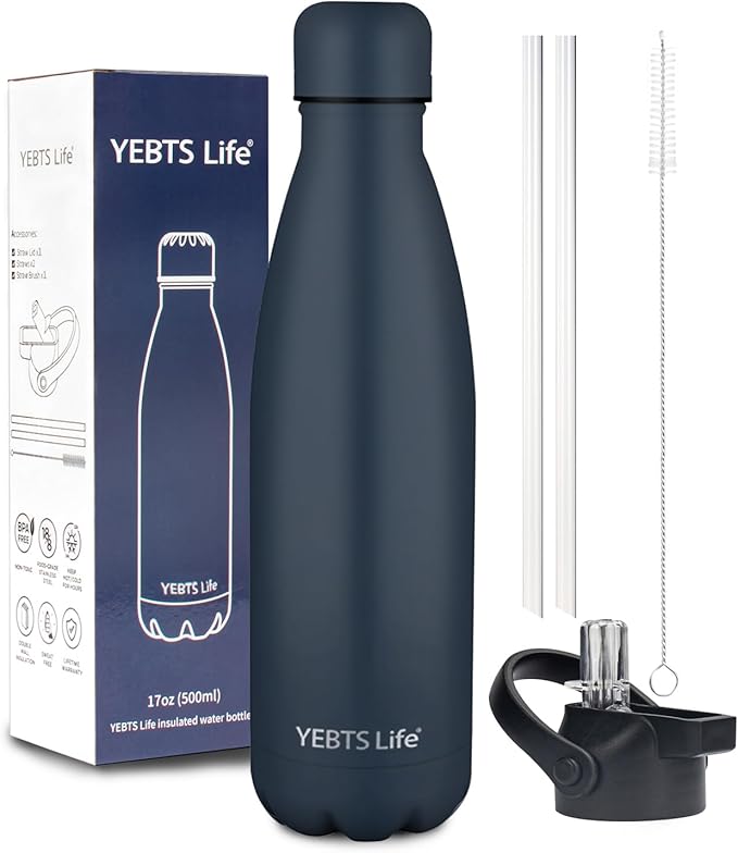 Insulated Water Bottle, 17oz Stainless Steel Water Bottles with straw lid, Metal Sports Water Bottles for Boys,Girls, Double Wall Vacuum BPA-Free Flask for School, Sports (Dark blue)