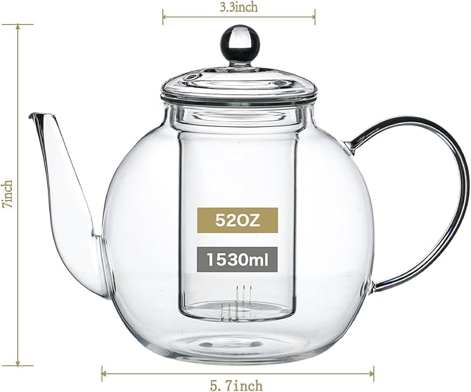 1530 ml/52 oz Large Glass Teapot with Removable Infuser, Clear Tea Kettle Stovetop Safe for Loose Leaf and Blooming Tea, Tea Lover's Choice