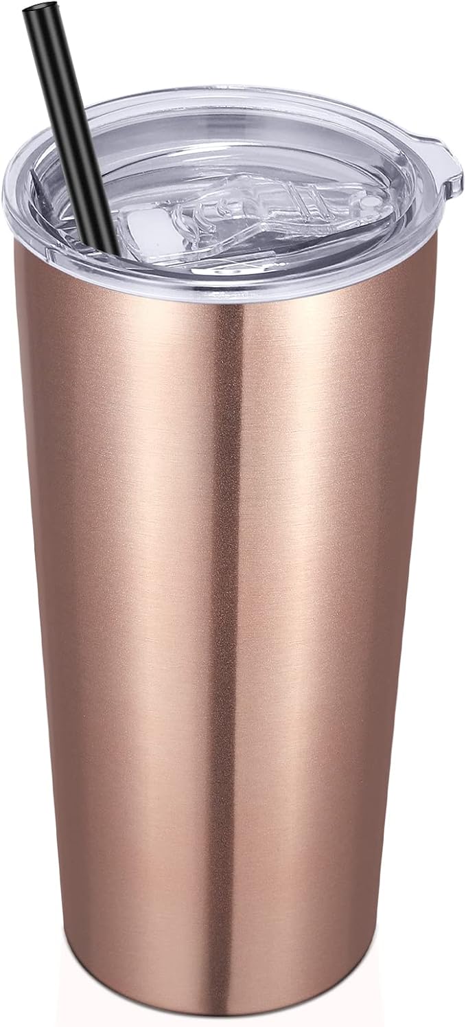 VEGOND 20oz Tumbler Bulk with Lid and Straw 1 Pack, Stainless Steel Vacuum Insulated Tumbler, Double Wall Coffee Cup Travel Mug, Rose Gold