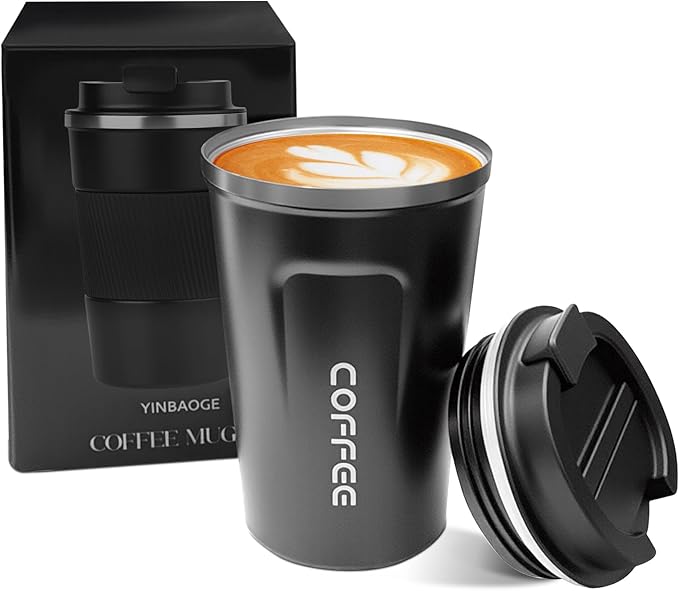YINBAOGE Insulated Travel Coffee Mug Spill Proof Leak Proof Pobtable To Go Camping Stainless Steel Coffee Tumbler Reusable Coffee Cups with Lids Thermos for Hot and Cold Drink (2nd-Black, 12 OZ)