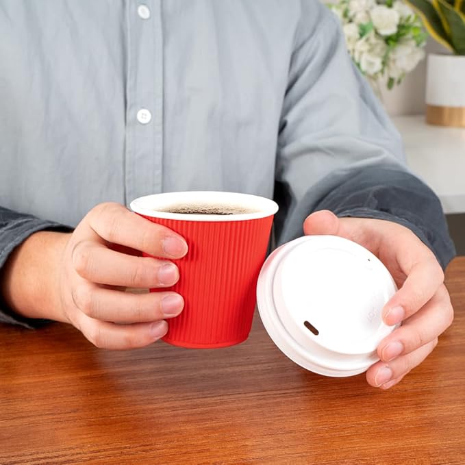Restaurantware 8 Ounce Double Wall Disposable Coffee Cups, 500 Insulated Red Paper Tumblers with Ripple Wall Design, Lids Sold Separately for Hot Drinks like Tea, Hot Chocolate, and More