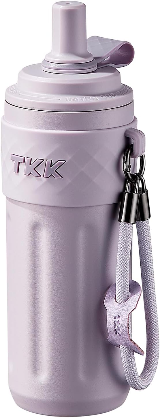 TKK 17 OZ Travel Tumbler Ceramic Lining with Straw Lid, Stainless Steel Vacuum Insulated Double Wall Coffee Tumbler, Leak Proof Iced Water Bottle with Carry Strap for Hot & Cold Drinks, Purple