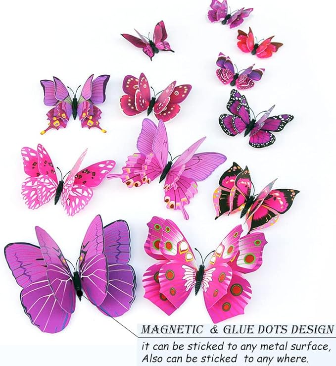 Butterfly Wall Decor 24/48 PCS, 3D Butterflies Stickers for Party Decorations with Magnets (Purple, 48)