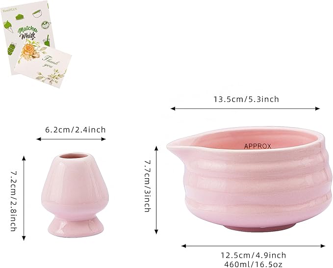 2pcs Matcha Bowl with Whisk Holder, Ceramic Pink Matcha Bowl with Spout, 16.5OZ Porcelain Bowl with Measurement Marks, Tea Mixing Bowl with Whisk Stand, Gfit for mom/daughter/girls (pink)