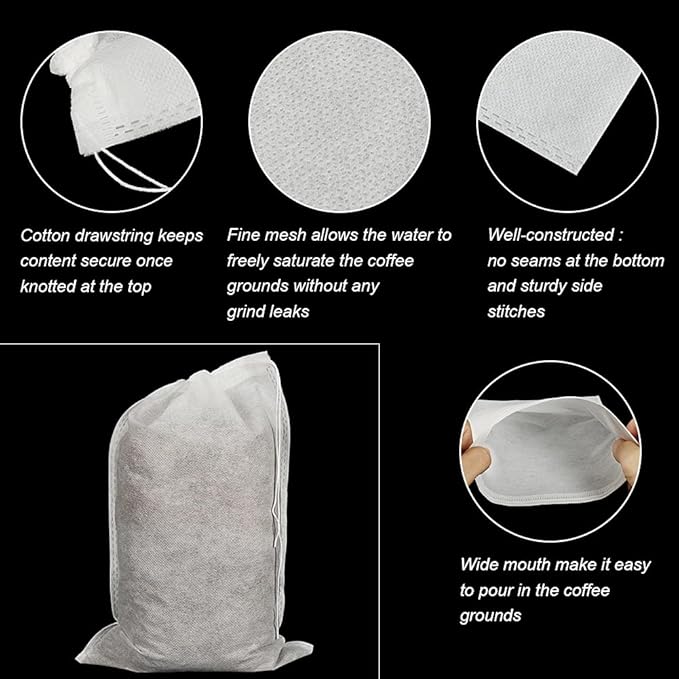 50pcs No Mess Large Cold Brew Bags, 8x12 inch Disposable Coffee Filter Bag Fine Mesh Hops Brewing Drawstring Pouches for Iced Coffee