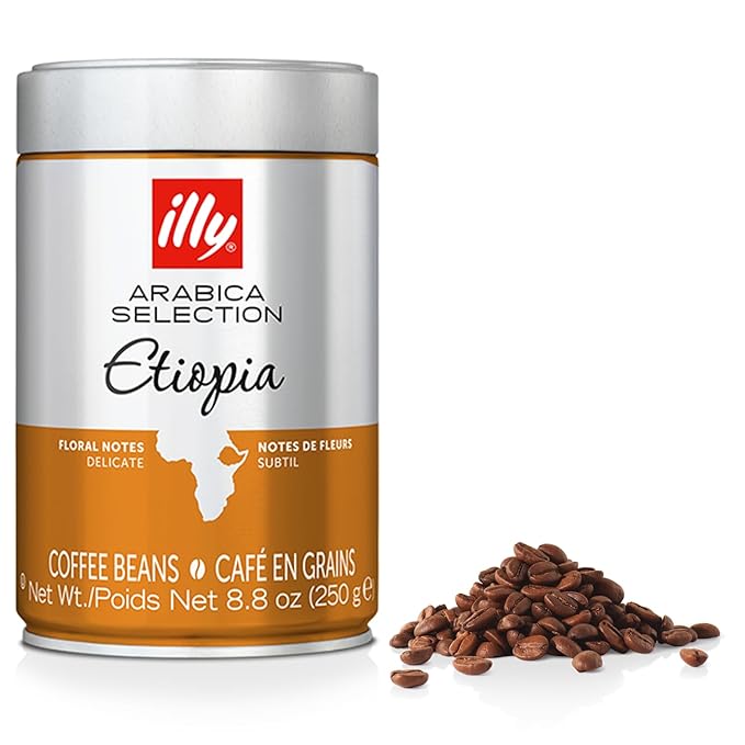 illy Arabica Selections Ethiopia Whole Bean Coffee, 100% Arabica Bean Single Origin Coffee, Light Roast with Notes of Jasmine, All-Natural, No Preservatives, 8.8 Ounce Can (Pack of 1)