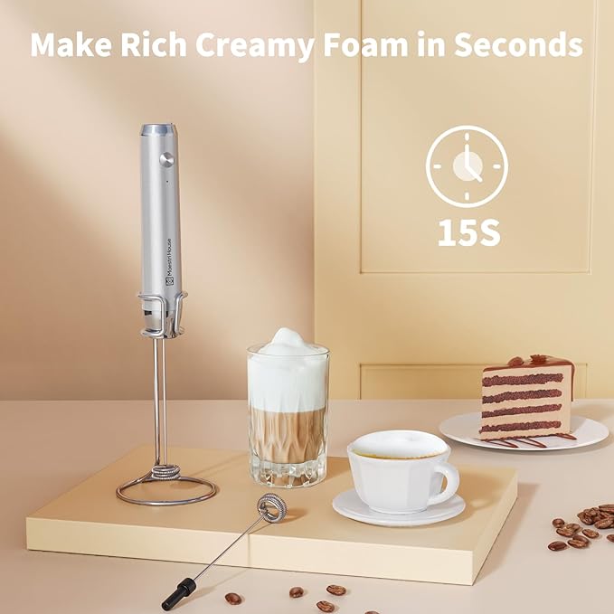 Maestri House Rechargeable Milk Frother with Stand, LunaFro Handheld Electric Foam Maker Waterproof Detachable Stainless Steel Whisk Drink Mixer Foamer for Lattes, Cappuccino