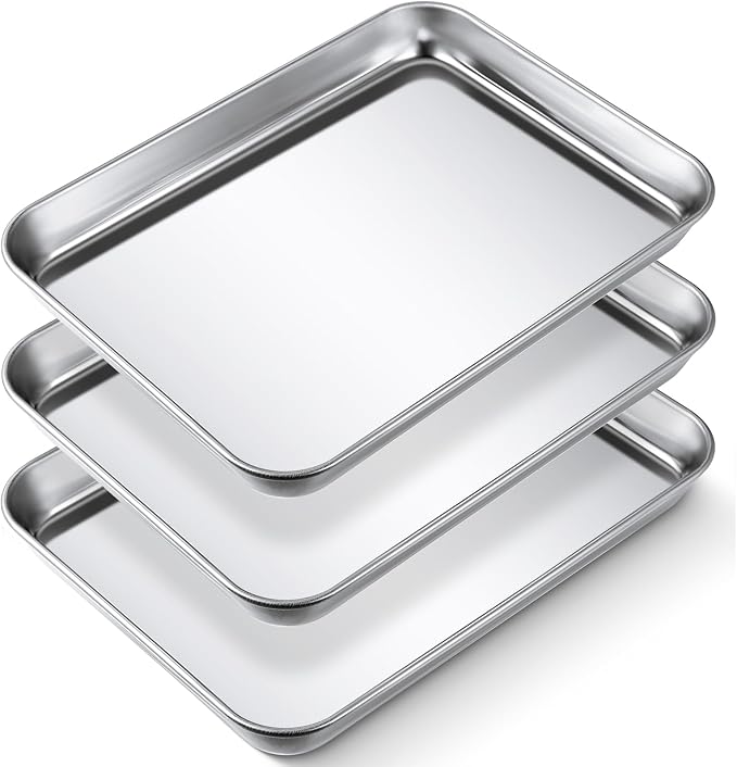 3 Pcs Baking Sheet Pan Set 9 x 6.7 x 1 Inches Cookie Sheet Small Toaster Oven Stainless Steel Tray Barbecue Grill Rectangle Trays, Non-stick, Easy Clean