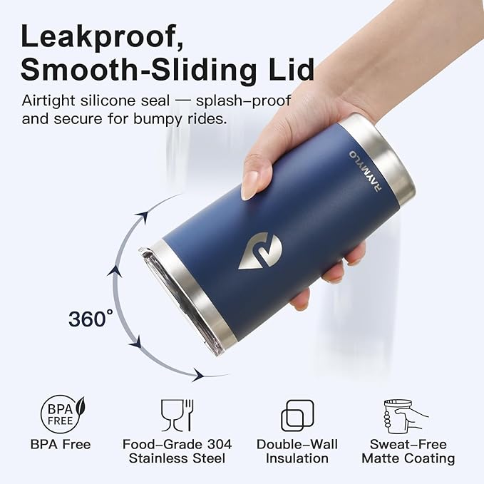 20 oz Coffee Tumbler - Insulated Stainless Steel Travel Mug for Hot/Cold, Spill Proof with BPA-Free Detachable Lid, Coffee Cup Fits Most Car holder, Includes Chic Stickers, Navy Blue