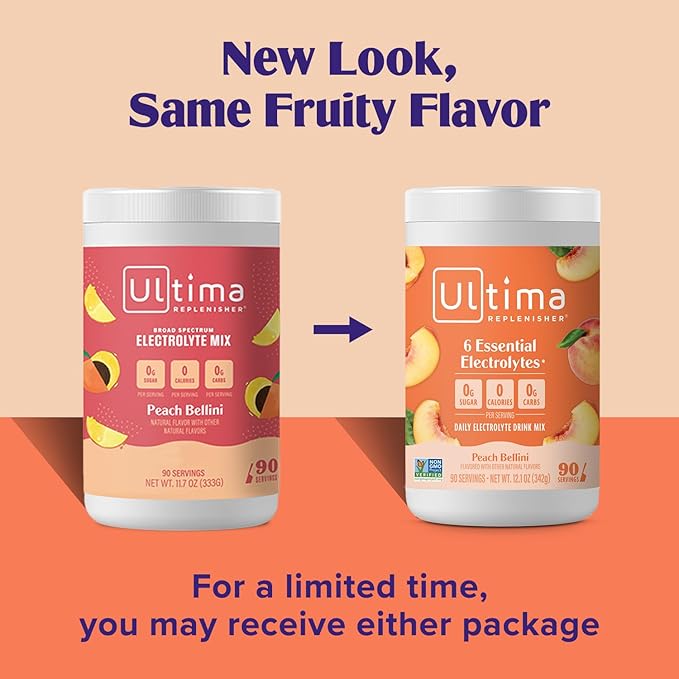 Ultima Replenisher Mocktini Electrolyte Powder Drink Mix – Sugar Free – Peach Bellini, 90 Servings – Hydration Powder with 6 Key Electrolytes and Trace Minerals – Keto Friendly, Non-GMO
