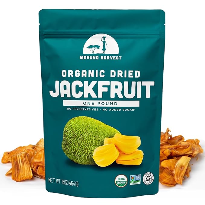 Mavuno Harvest Jackfruit Dried Fruit Snacks | Unsweetened Organic Dried Jackfruit Chips | Gluten Free Healthy Snacks for Kids and Adults | Vegan, Non GMO, Direct Trade | 1 Pound Bag