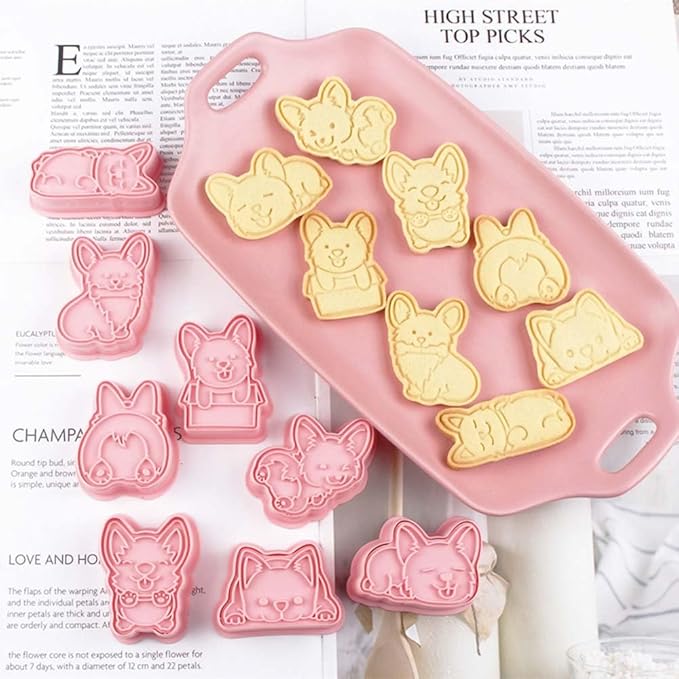 8 Corgi Dog Cookie Cutters Set, 3D Puppy Cookie Stamps, Cupcake Pancake Apple Pie Pastry Biscuit Molds, Cookie Baking Molds for Dog Party Decorations (Corgi)