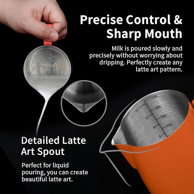 watchget Stainless Steel Milk Frothing Pitcher 12oz/350ml - Espresso Steaming Pitcher for Cappuccino, Latte Art, Coffee Machine Accessories Milk Jug Coffee Frother Cup, Orange