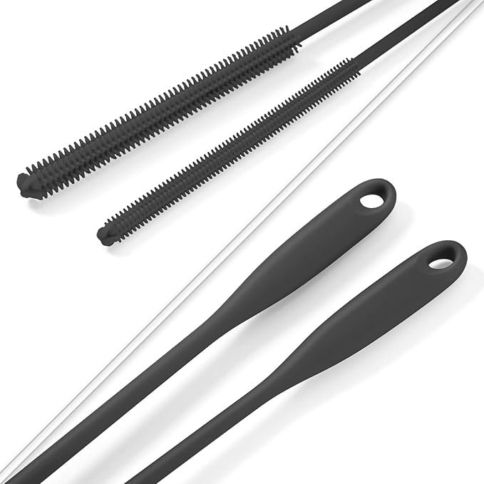 Silicone Straw Brush 4 Pack - (2 Small, 2 Wide) - 10 Inch Reusable Straw Cleaner, Pipe Cleaner, Glass and Detailing Tool (Charcoal)
