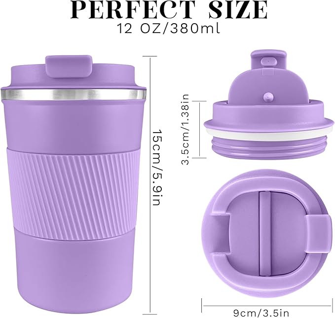 YINBAOGE Insulated Travel Coffee Mug Spill Proof Leak Proof Pobtable To Go Camping Stainless Steel Coffee Tumbler Reusable Coffee Cups with Lids Thermos for Hot and Cold Drink (Purple, 12 OZ)