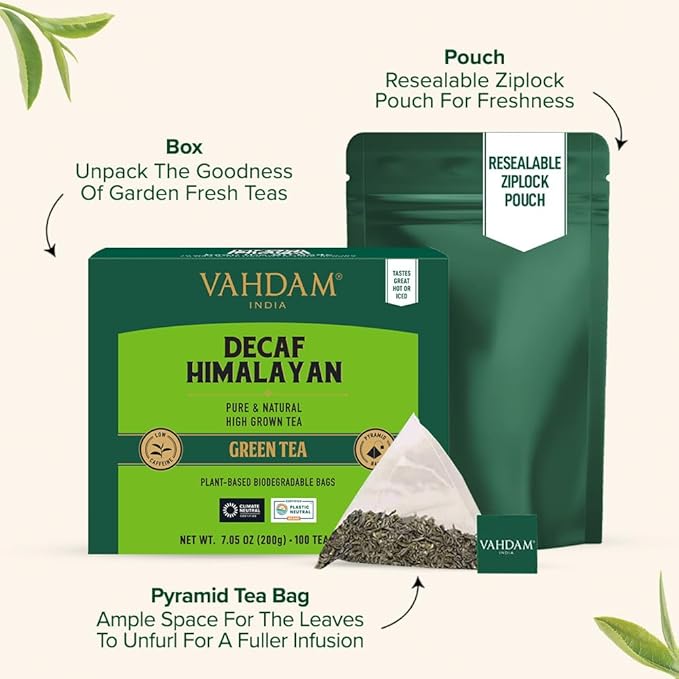 VAHDAM, Decaf Himalayan Green Tea Bags (100 Pyramid Tea Bags) Caffeine Free, Gluten Free | High Grown Decaf Green Tea | Resealable Ziplock Pouch | Pyramid Tea Bags