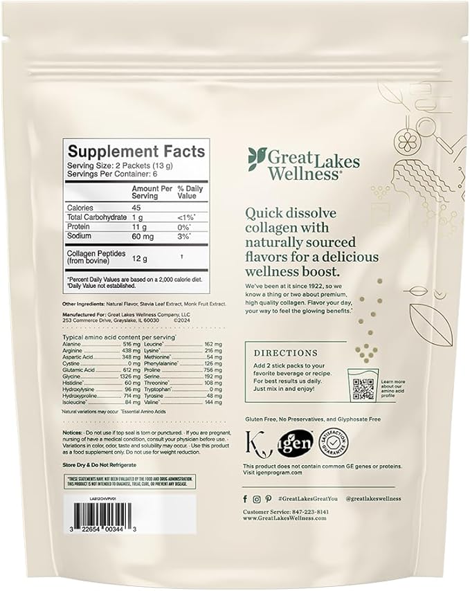 Great Lakes Wellness Collagen Peptides Powder for Skin, Hair, Nails, Joints & Digestion - Variety Flavors - Quick Dissolve Hydrolyzed, Non-GMO, Kosher - 12 Sticks