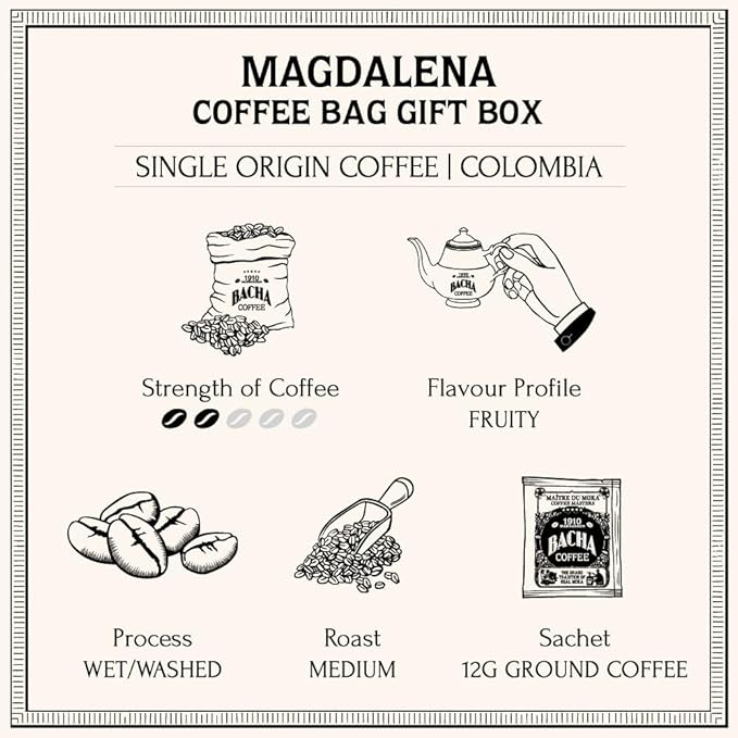 Bacha Coffee | Magdalena Colombia Single Origin, Medium Roast, 100% Arabica Specialty Coffee, 12 Coffee Drip Bags, Gift Box