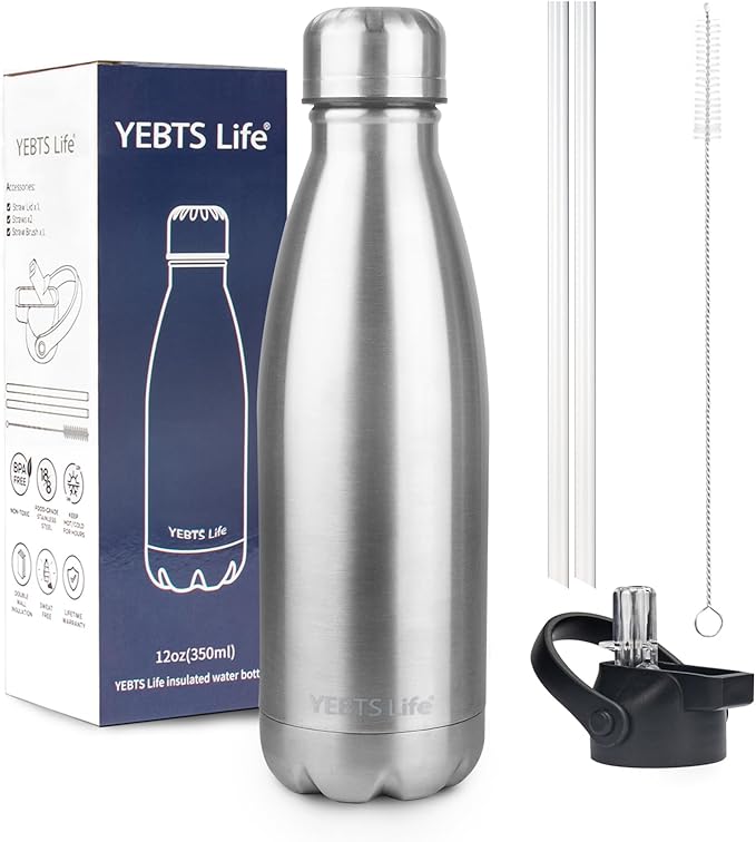 Insulated Water Bottle,12oz Stainless Steel Water Bottles with straw lid,Metal Sports Water Bottles for Boys,Girls,Double Wall Vacuum BPA-Free Flask for School, Sports & Travel-Sliver
