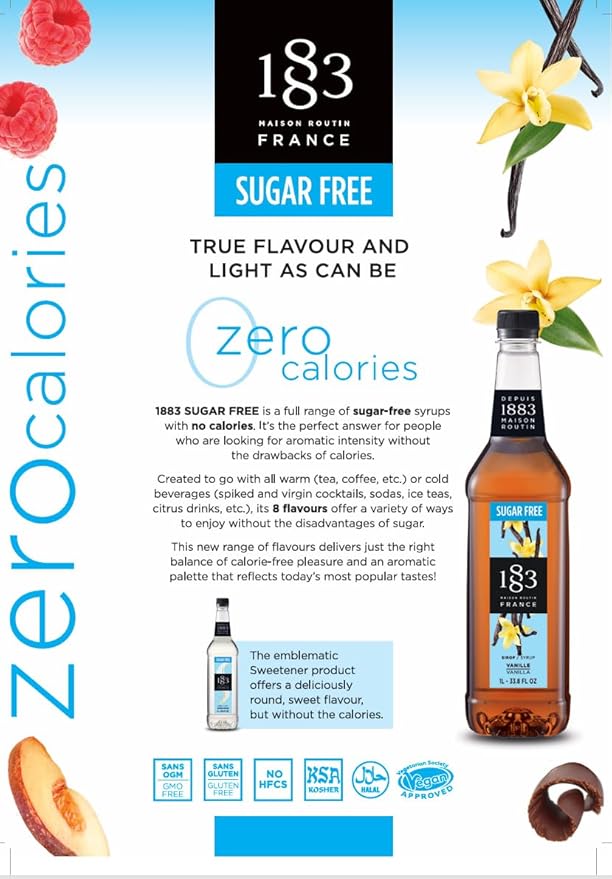 1883 Sugar Free Vanilla Syrup – Sugar Free Vanilla Coffee Syrup, Zero Calorie Beverage Mixer, Made in France, 1 Liter Plastic Bottle