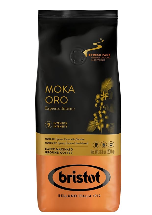 Bristot Moka Oro Ground Coffee – Italian Espresso – Medium Roast – Notes of Spices, Caramel & Sandalwood – For Moka, French Press, Pour Over – 8.8oz (250g)