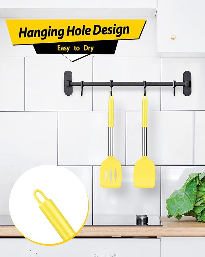 Pack of 2 Silicone Solid Turner, Non Stick Slotted Kitchen Spatulas, High Heat Resistant BPA Free Cooking Utensils, Ideal Cookware for Fish, Eggs, Pancakes(Yellow)