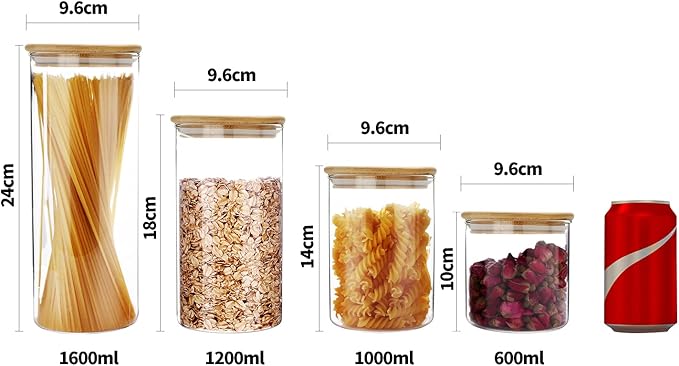 SIXAQUAE Glass Food Storage Containers Jar Seal Bamboo Lids 4 Packs 1000ml Airtight Canister Organization Sets Stackable…