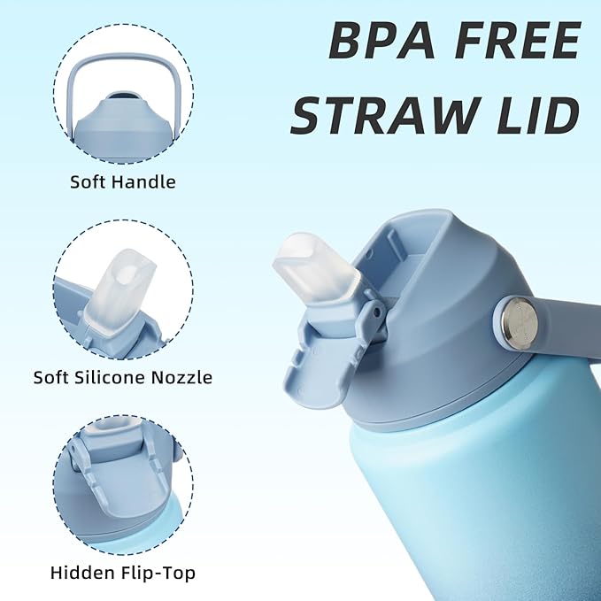 BJPKPK Water Bottle with Straw Lid, 24oz Vacuum Insulated Water Bottles, Metal Stainless Steel Thermos for Sports, Travel, BPA Free Leak Proof Thermos, Cups, Flasks, Tumblers,Sky