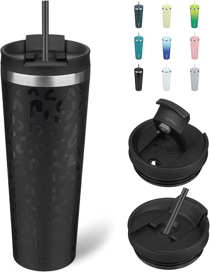 BJPKPK 26oz Insulated Tumbler With lid And Straw Stainless Steel Tumblers Travel Coffee Mug Reusable Thermal Cup,Black Leopard