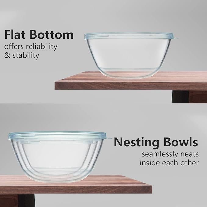WhiteRhino Glass Mixing Bowls Glass Bowls with Lids Set(4.5QT,2.7QT, 1.1QT),Large Salad Bowls,glass mixing bowl Space-Saving Nesting Storage bowls for Cooking,Baking,Prepping,Dishwasher Safe